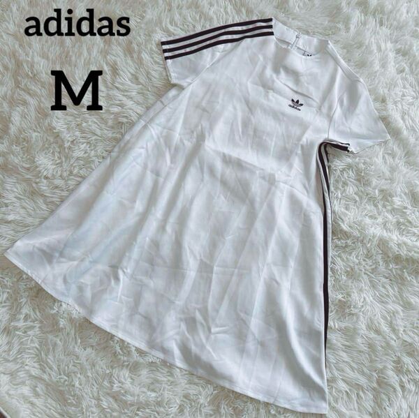 adidas originals アディダス 白ワンピース 刺繍トレフォイルロゴ 半袖Tシャツ ワンピ ホワイト スローライン M