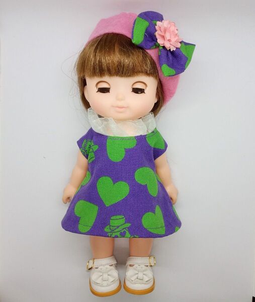 メルちゃん ソランちゃんサイズ ハンドメイド クールなAラインワンピース&ベレー帽 S5-100