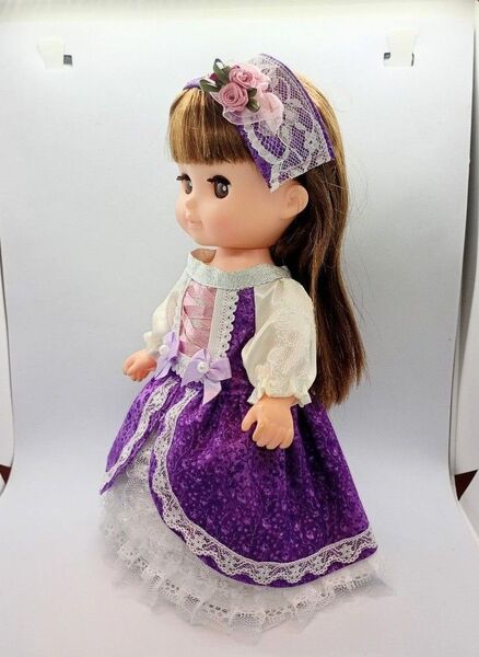 メルちゃん ソランちゃんサイズ ハンドメイド 紫のロングドレスと髪飾り S5-103
