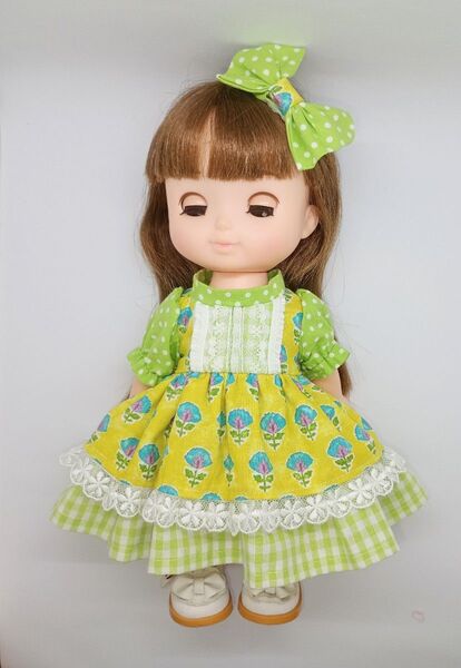 メルちゃん ソランちゃんサイズ ハンドメイド 黄色のお花と黄緑のワンピース&髪飾り S5-104