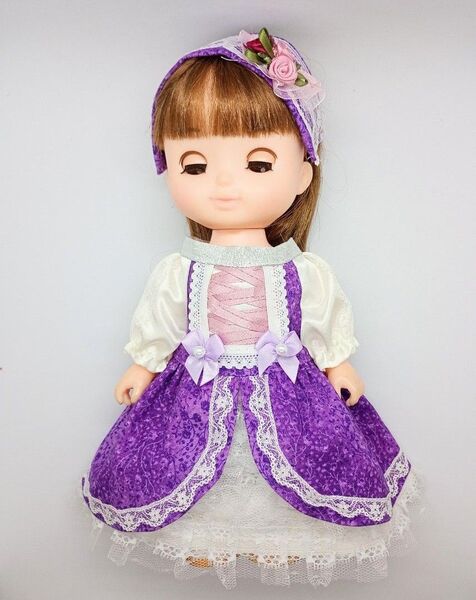 メルちゃん ソランちゃんサイズ ハンドメイド 紫のロングドレスと髪飾り S5-103