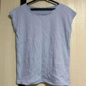 イッツデモ ビジュー リブ ブラウス シャツ 半袖 カットソー 水色 スカラップ