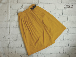  Ined INED waist belt attaching LAP manner tuck flared skirt (11) mustard midi height * small with defect 