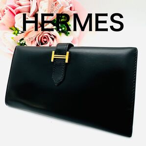 HERMES エルメス ベアン 長財布 ブラック ゴールド金具 二つ折り長財布 ボックスカーフ 黒 50(