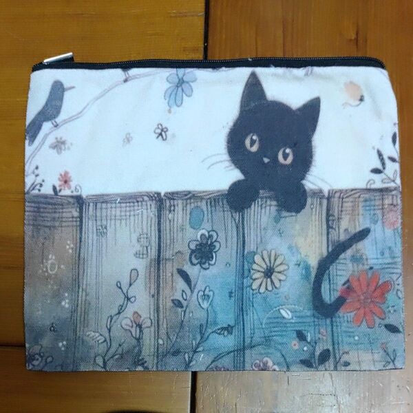 黒猫 フラットポーチ 小物入れ