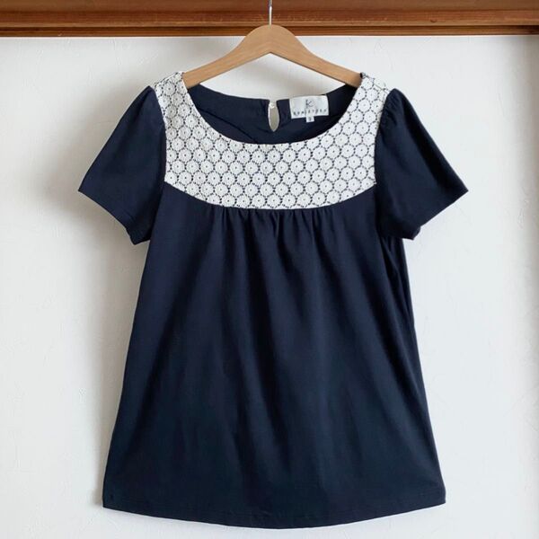 美品 組曲 トップス M 2 Tシャツ 半袖 カットソー ネイビー レース 紺