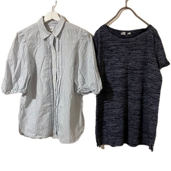 GAP ストライプ フリルシャツ S ネイビー ロールアップ袖 半袖Tシャツ
