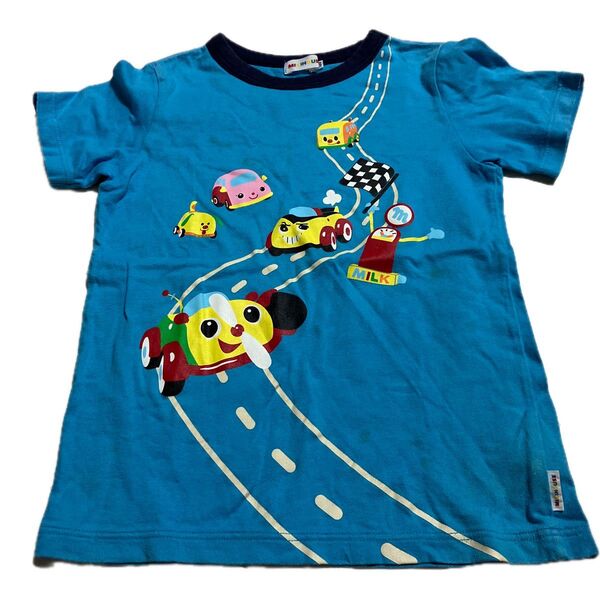 120 ミキハウス 車 プリント 半袖Tシャツ ブルー 綿