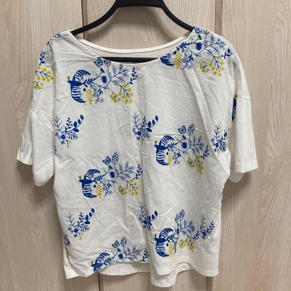 美品 グラニフ 刺繍カットソーTシャツ ゆったりフリーサイズ 鳥 花柄