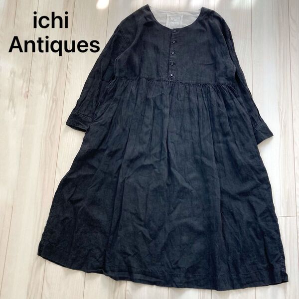 ichi Antiquites イチアンティークス リネン100%長袖ワンピース スミクロ ゆったり フリーサイズ