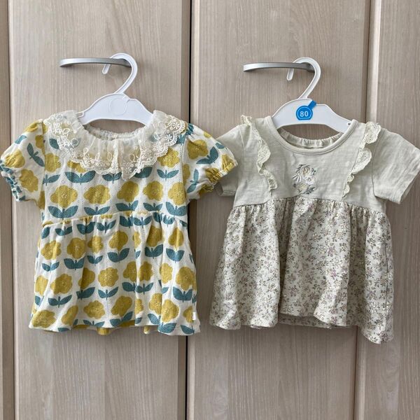 フタフタ・ママラク サイズ80 2枚セット 花柄刺繍フリルレース 女の子 Tシャツチュニックカットソー