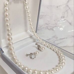 W09 新品未使用【イヤリング付き】純白ホワイト 約38㎝ 約8㎜ 本貝パール シェル パールネックレス 冠婚葬祭 シンプル