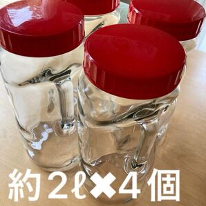 梅酒瓶 果実酒瓶 ガラス製キャニスター4個セット 保存容器 持ち手一体型瓶 注ぎ口付き内蓋