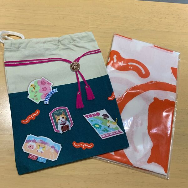じゃらん ねこ 手拭い 巾着 未使用