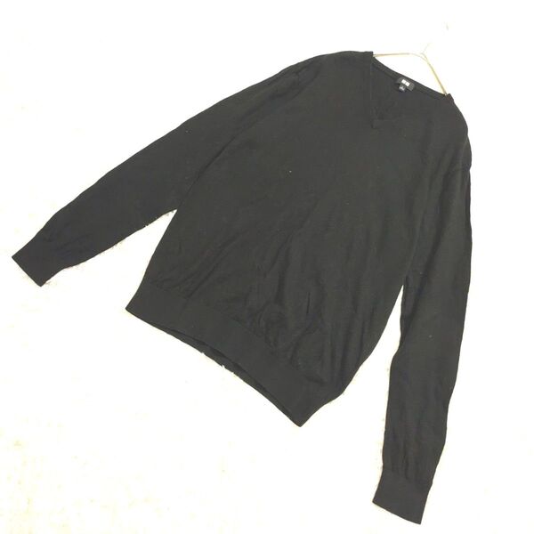 ユニクロ UNIQLO 長袖トップス Vネックニット 綿90% カシミヤ10% プルオーバー 薄手 黒 L