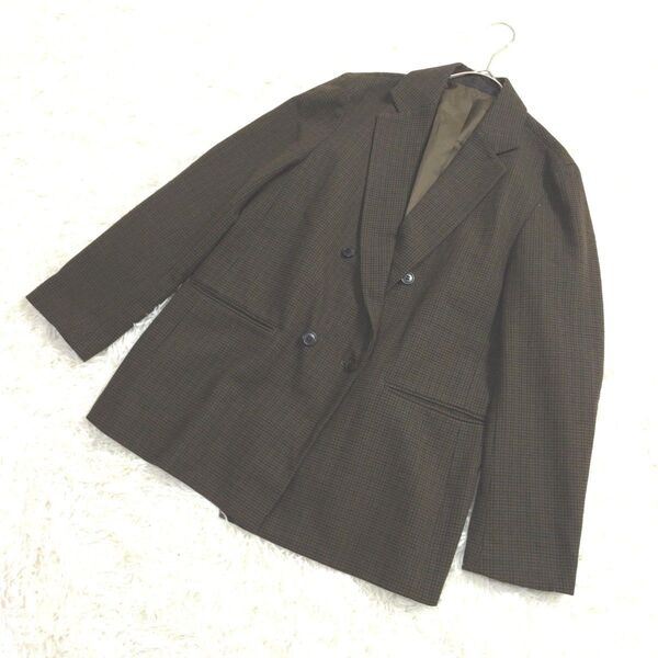 UNIQLO ユニクロ テーラードジャケット ダブルジャケット チェック柄 ウール混 大きいサイズ ブラウン 茶 XL