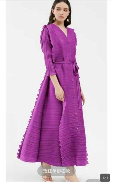 プリーツワンピース パープル ロングワンピース新品フリーサイズ