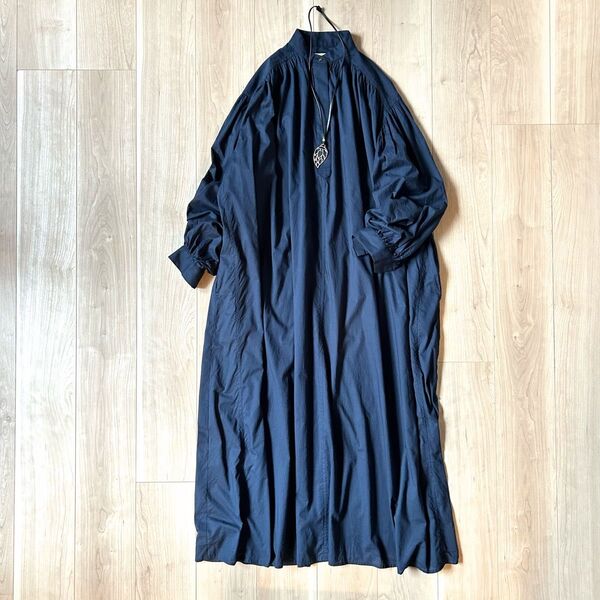 my apparel マイアパレル 紗栄子 オーガニックコットン ロング ワンピース 紺 ネイビー 長袖 マキシ丈 スタンドカラー