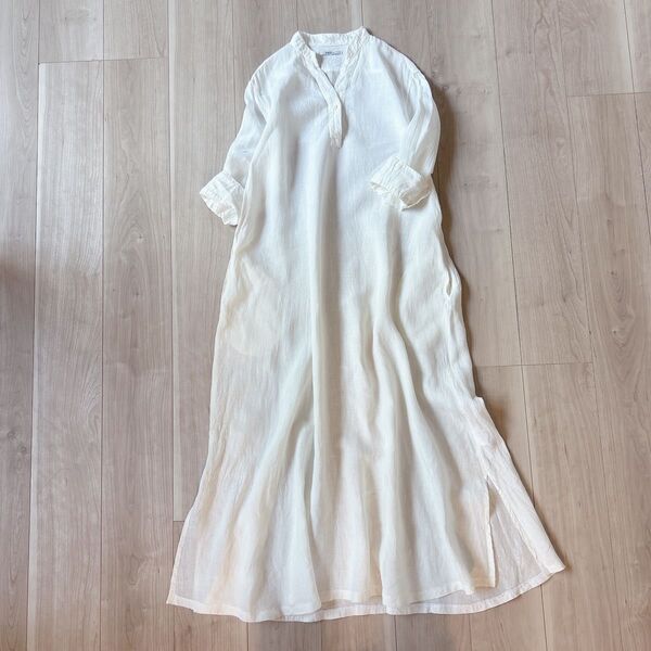 セルリ CELERI ドゥーズイエムクラス 麻 リネンロングシャツワンピース 生成り スキッパーカラー マキシ丈 手洗い可 日本製