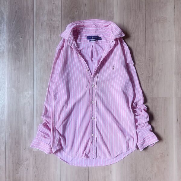 美品*RALPH LAUREN ラルフローレン BD ボタンダウン 長袖シャツ M ニットオックスフォード ピンクストライプ
