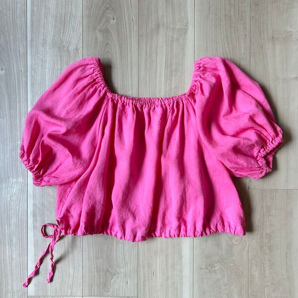 美品*マイラン MYLAN リネン 麻100% オフショルダー 2WAY ピンク ショート丈 スクエアネック ギャザー