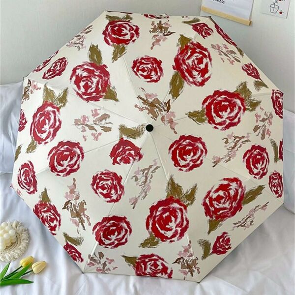 折りたたみ傘 日傘 雨傘 丈夫 UVカット 可愛い バラ柄 薔薇 花柄 丈夫 赤 薔薇 晴雨兼用傘 収納ポーチ付き 手動 裏面黒