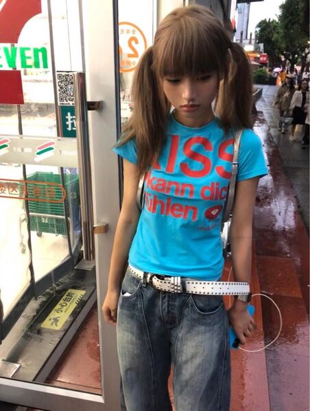 【大人気】KISS Tシャツ ブルー グランジ ピチT 半袖 y2k ギャル M