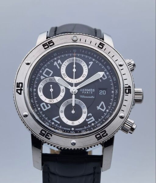 箱付き エルメス HERMES クリッパーダイバークロノ CP2.910 クロノグラフ デイト SS ブラック 自動巻き メンズ