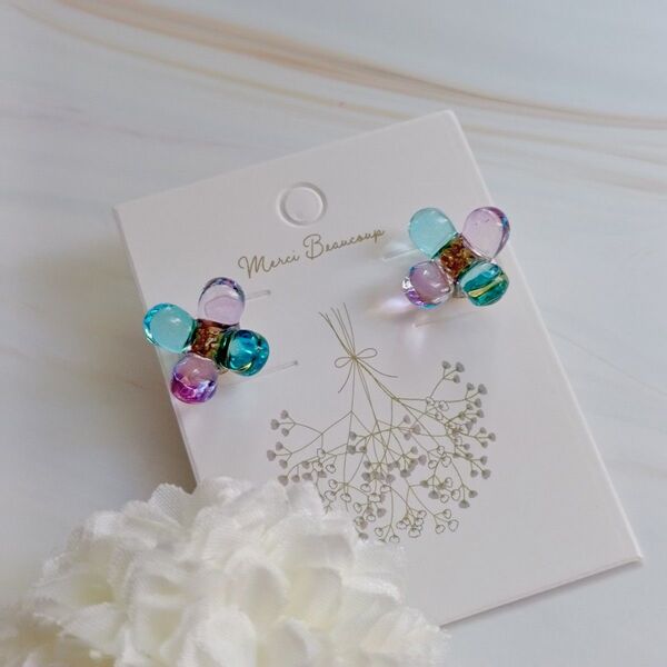チェコビーズ 紫陽花 ピアス サージカルステンレス ハンドメイド