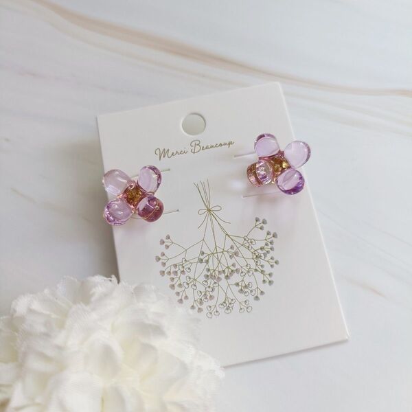 チェコビーズ 藤の花 ピアス サージカルステンレス ハンドメイド