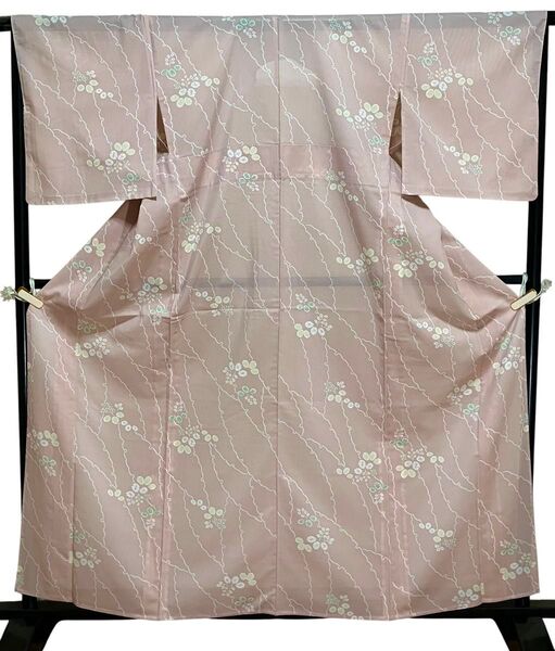 洗える夏着物 ポリエステル 絽 小紋 雪輪 萩文 美品 イ5679