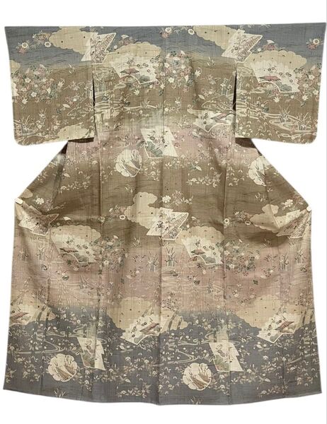 しょうざん生紬 単衣 訪問着 正絹 型絵染め 茶屋辻 桜楓 未使用 イ5641