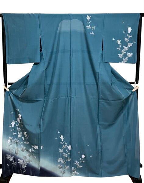 夏着物 絽紗 付下げ 訪問着 バチ衿 正絹 手描き 花文 イ5644