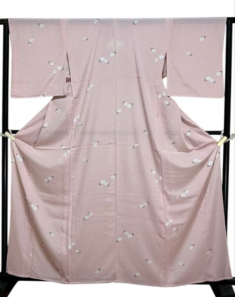 洗える夏着物 ポリエステル 絽縮緬風 小紋 花文 桜 美品 イ5685