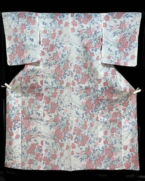 夏着物 小千谷縮 本麻 小紋 花文 美品 イ5643