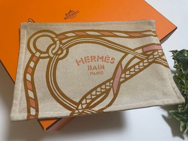 HERMES エルメス ヨッティングGM キャンバス トワルアッシュ フラットポーチ クラッチ トレサージュ・マラン ロープ柄