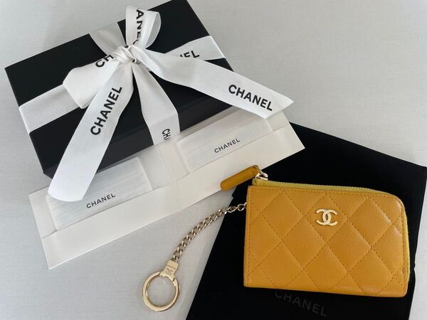 シャネル キーリング付き コインケース 黄色 イエロー グレインドカーフ キャビアスキン CHANEL 財布 キーホルダー