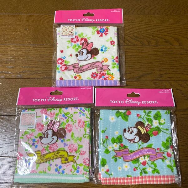 ディズニーリゾート ミニー ミニタオル 3種類 新品 花柄 ストロベリー イチゴ 苺