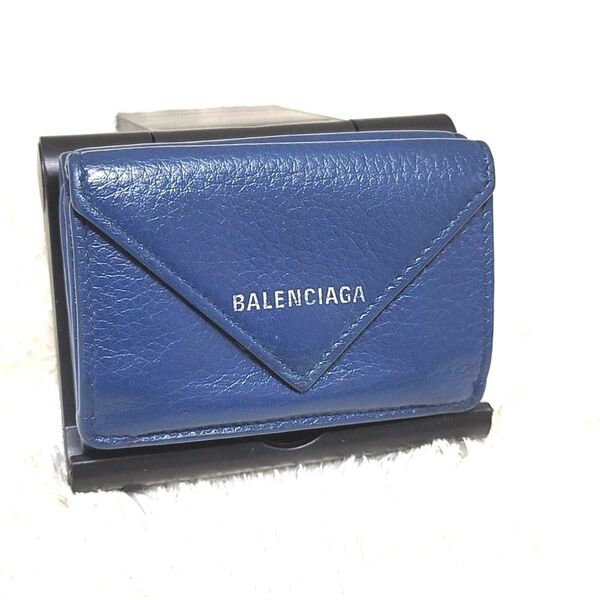 美品 バレンシアガ ミニペーパーウォレット 三つ折り財布 ネイビー BALENCIAGA レザー コンパクト ミニ ウォレット