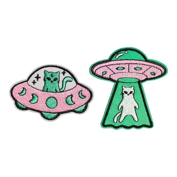2枚セット【 アイロンワッペン 】 刺繍ワッペン アップリケ リメイク 猫 ネコ cat キャットUFO ユーフォー ワッペン