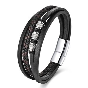 編み込みレザーブレスレット メンズ 三連 ブラック