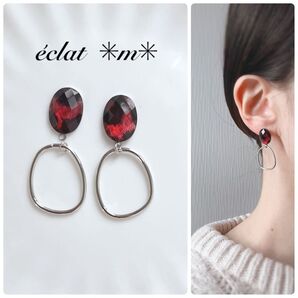 レッドカボション×silverフープ ピアス