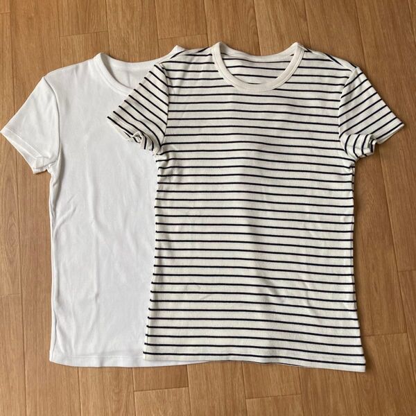 ユニクロ ソフトリブクルーネックTシャツ Sサイズ ホワイト ボーダー 2枚セット
