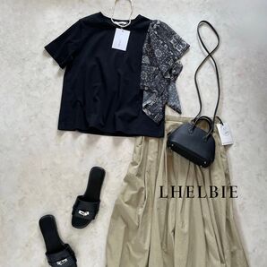 在庫1枚のみ新品レルビエLHELBIEプリントフリルドッキングTシャツ黒コットン100%Tシャツ