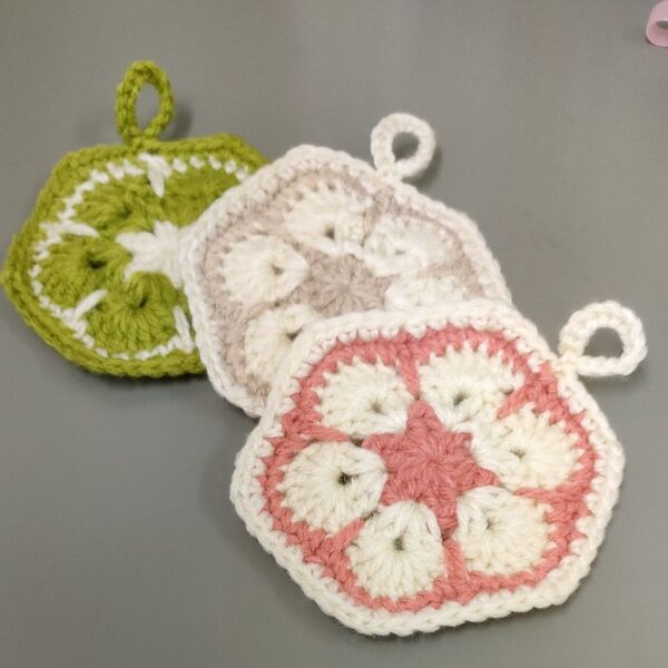 3個セットエコたわし アクリルたわしハンドメイド かぎ針 手編み 手作り雑貨 防菌防臭アクリル毛糸 かぎ針