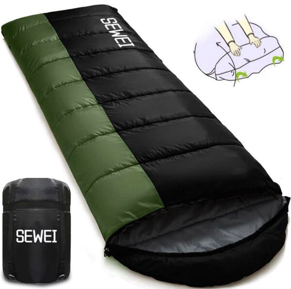 SEWEI寝袋 シュラフ 封筒型 防水 保温 冬用 軽量 アウトドア用 丸洗い可 グリーン カーキ ブラック
