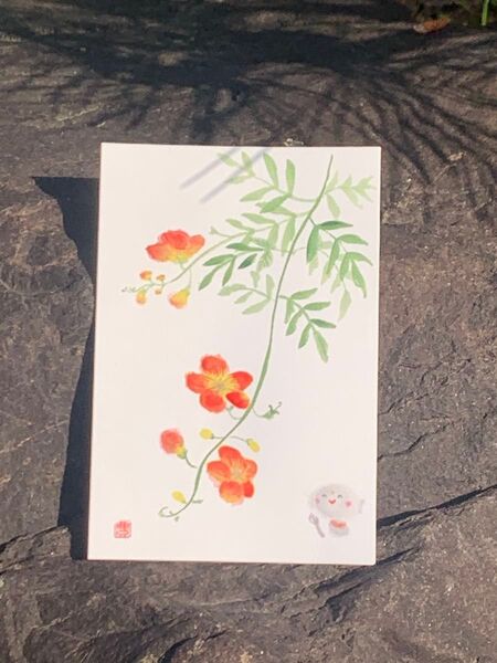 ポストカード 絵葉書 ノウゼンカズラ お地蔵さん 手描き 原画