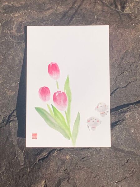 原画 ポストカード チューリップ お地蔵さん 絵手紙