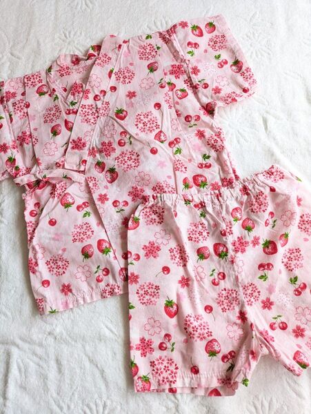 女の子 甚平 上下セット いちご さくらんぼ 桜 95 サイズ ピンク 綿100%