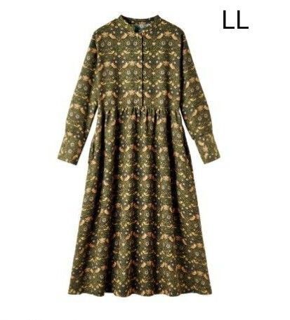 【新品】ウィリアム・モリス いちご泥棒 長袖 ワンピース LLサイズ カーキ イチゴ泥棒